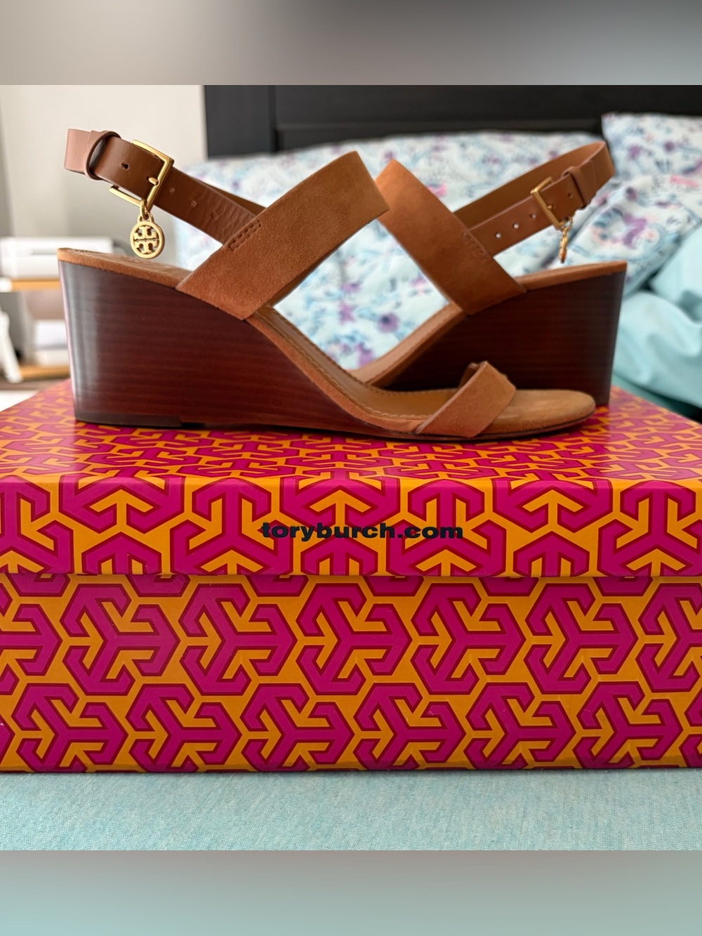 Tory Burch Mini Benton Brown Suede Wedge Sandals